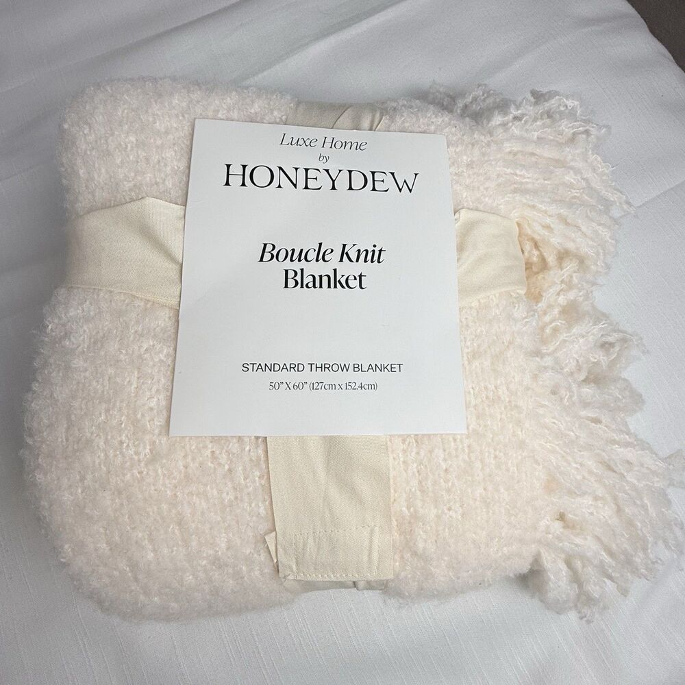 Luxe Home By Honeydew Boucle Knit Standard Throw Fringe Blanket Ivory 50”x60 New
